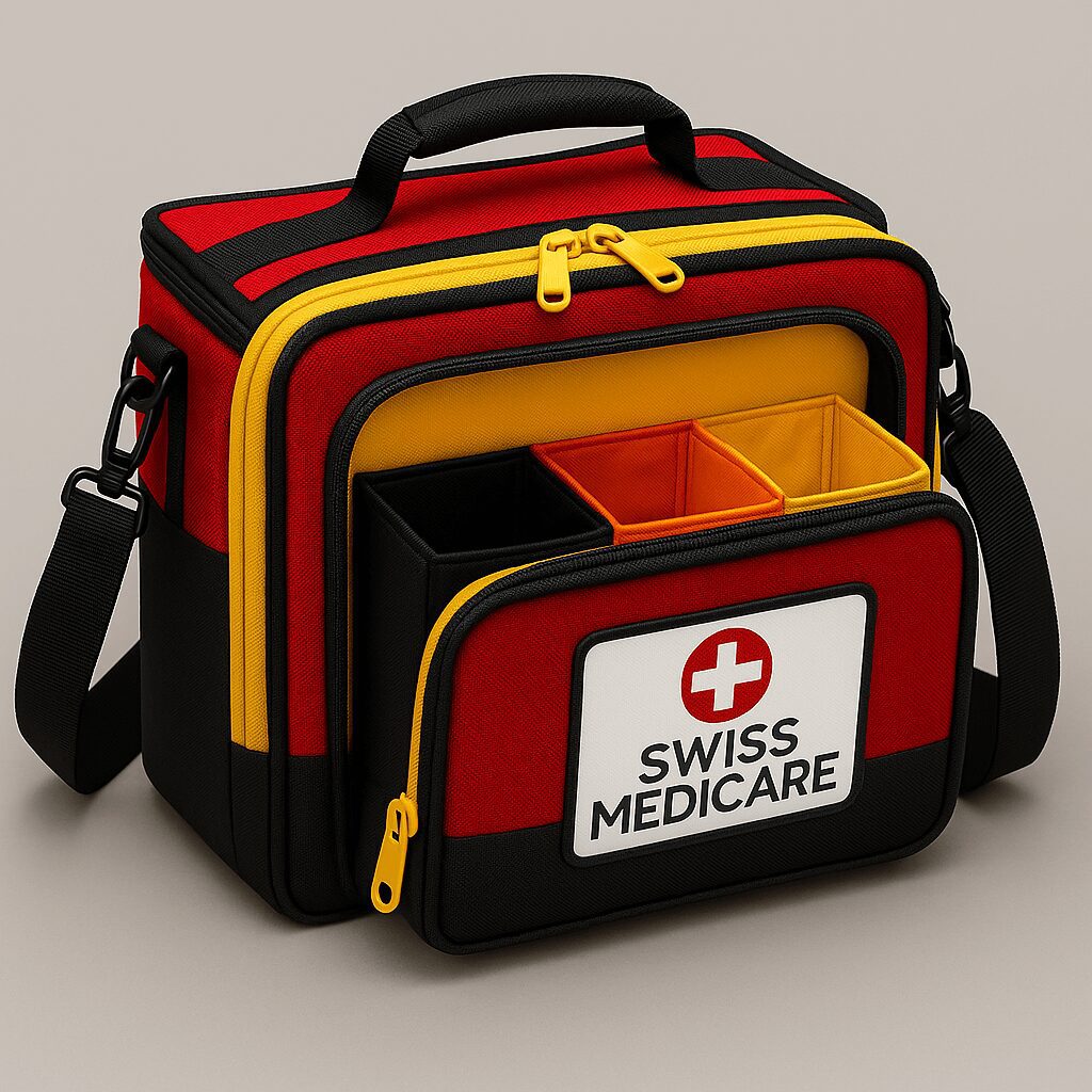 Swiss MediCare red and yellow polyester first aid bag with velcro compartments