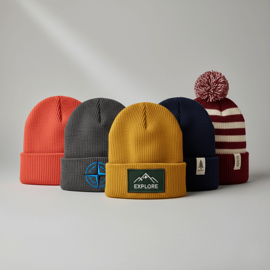 Collection of custom beanies showing different options: Pantone colors, embroidered logo, woven patch, woven label and pom-pom – Textifab