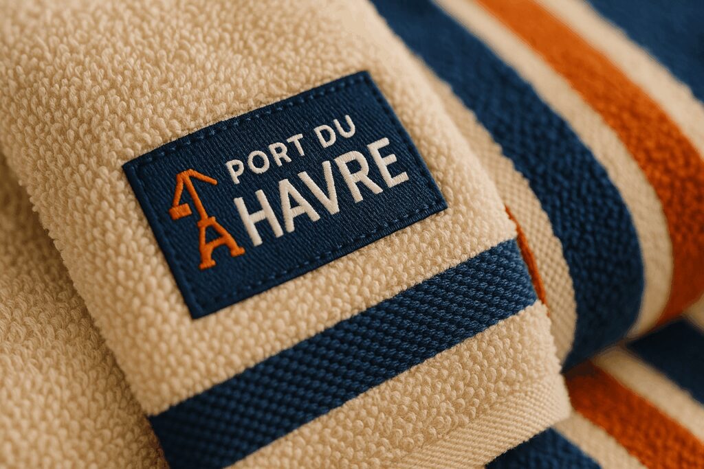 Étiquette tissée Port du Havre cousue sur serviette rayée bleue et orange.