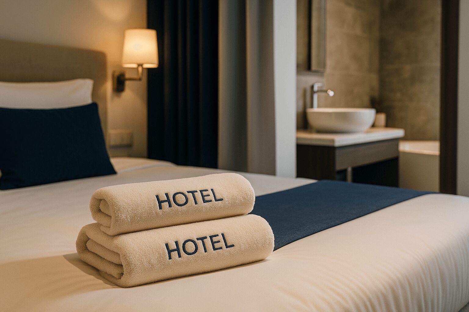 Custom bath towels in a design hotel room.
