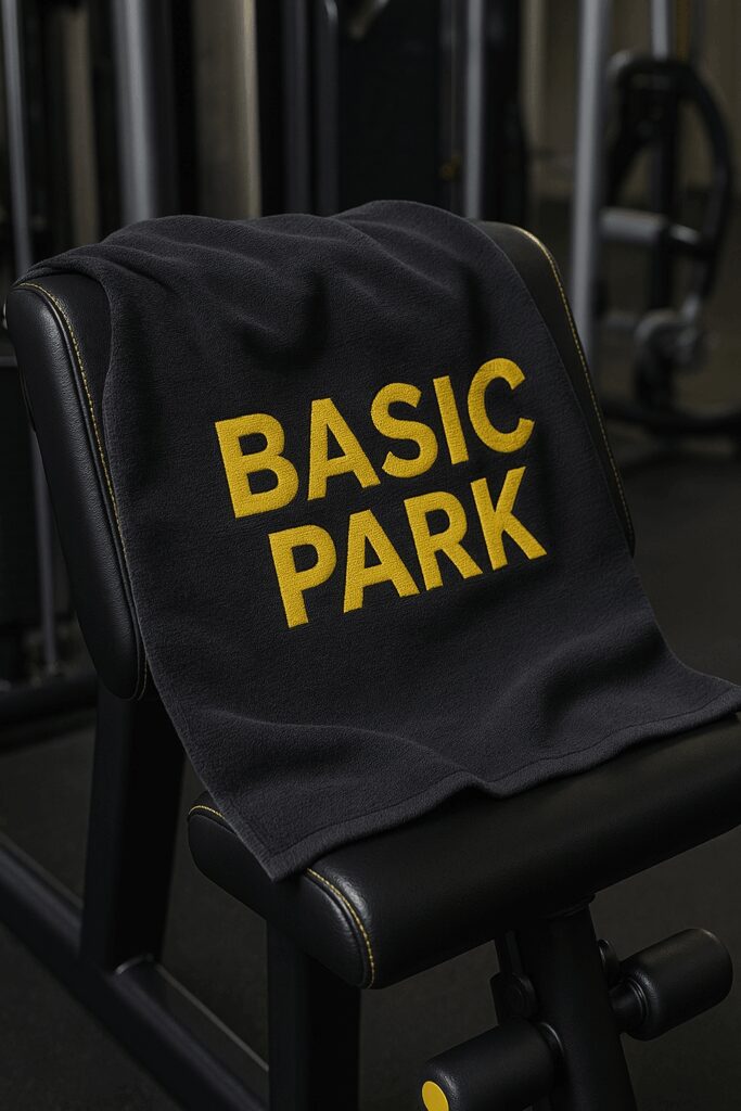 Serviette de sport noire avec surpiqûres jaunes et logo Basic Park embossé.