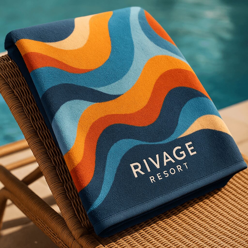 Full-sublimation towels placed by a resort pool.