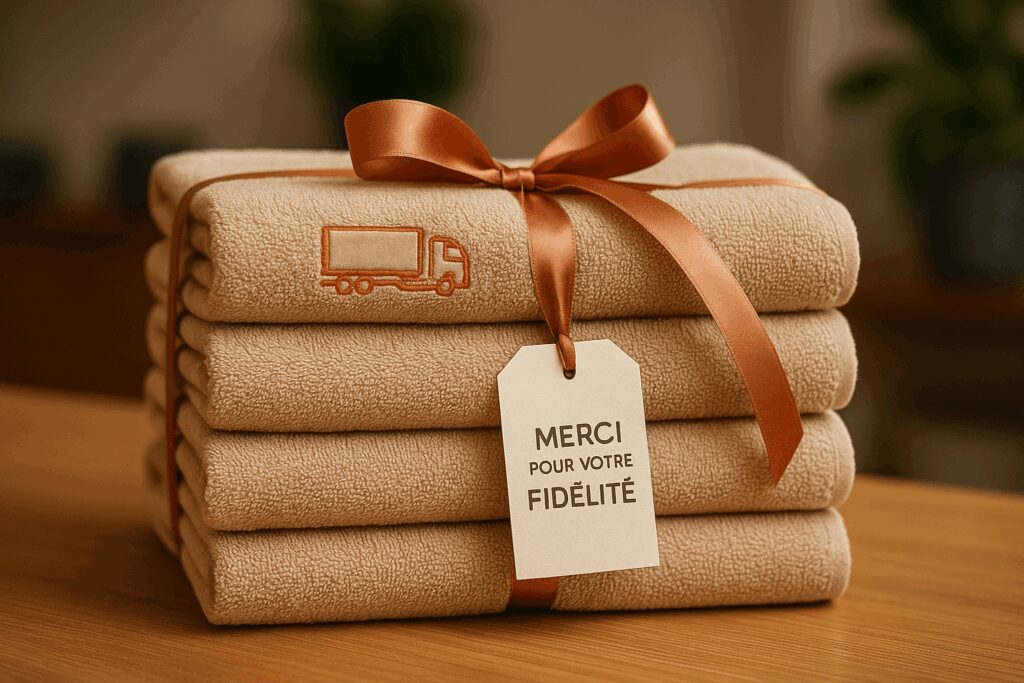 Serviettes pliées et nouées en cadeau d’entreprise, thème transport routier.