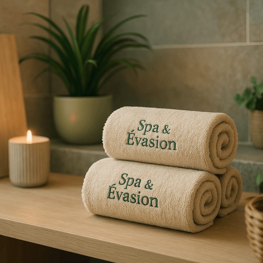 Embroidered bath towels in a modern spa.