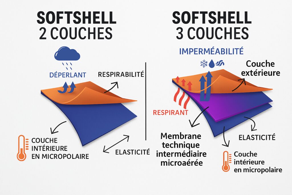 Schéma comparatif de la structure d’une veste softshell 2 couches et 3 couches avec doublure micropolaire et couche extérieure déperlante, membrane TPU.
