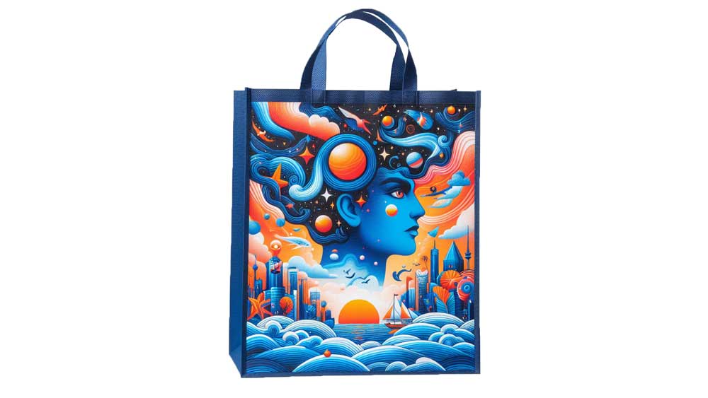 Un sac personnalisé pour les professionnels du commerce, décoré avec un design artistique, pour promouvoir l'image de marque d'un magasin.
