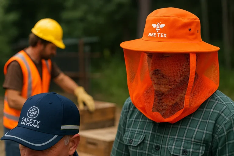 Professionnels en extérieur portant des accessoires de sécurité personnalisés : casquette anti-heurt EN 812 avec bande réfléchissante, bob technique avec moustiquaire orange fluo et bonnet haute visibilité, chacun marqué d’un logo