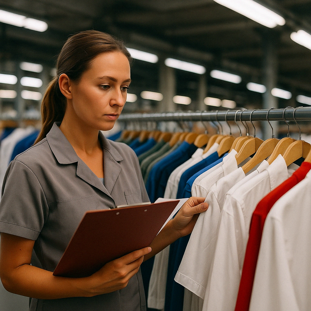 Inspectrice qualité dans une usine textile, tenant une fiche de contrôle devant des vêtements suspendus en arrière-plan. Lumière d’atelier et ambiance professionnelle.