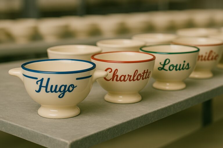 Bols en céramique de style breton avec prénoms français personnalisés, alignés sur une étagère.