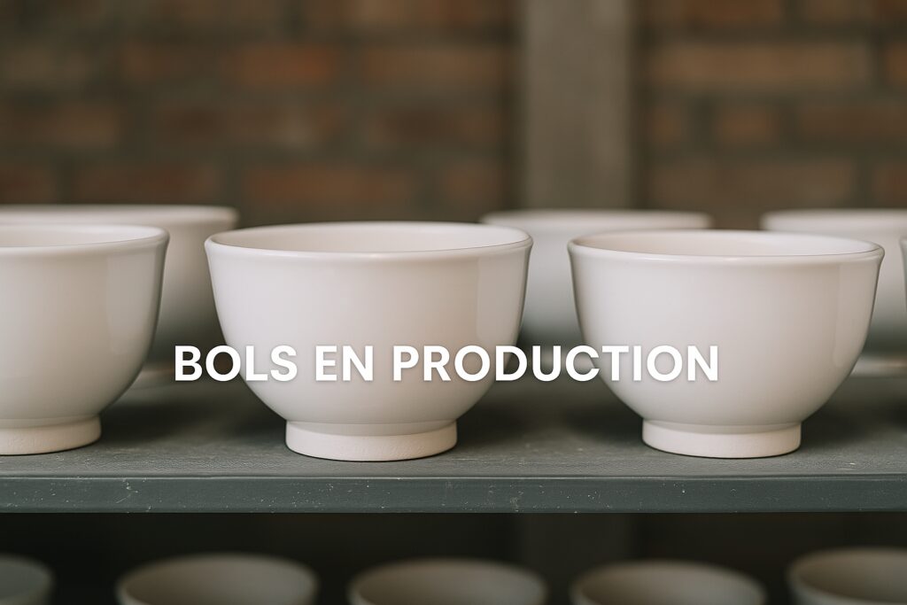 Bols en céramique blancs alignés sur une étagère en atelier, en cours de production.