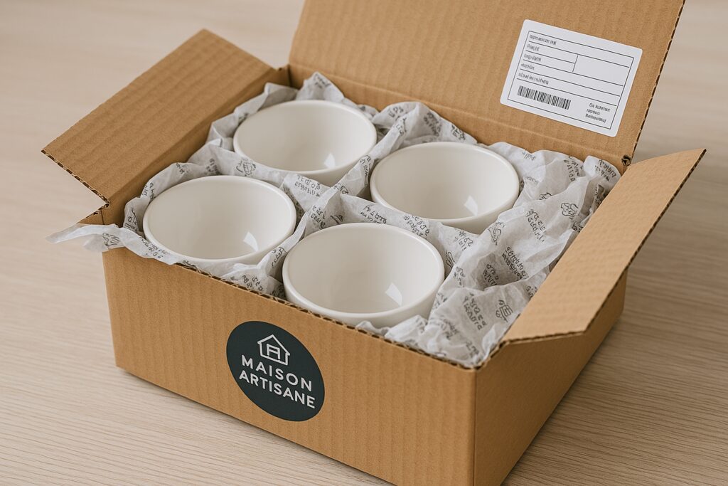 Bols en céramique emballés dans un carton kraft avec logo Maison Artisane et papier de soie.