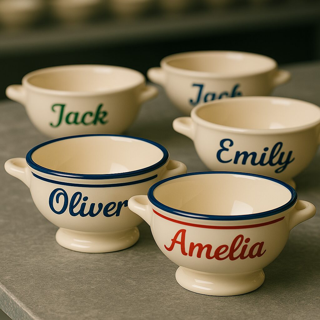 Personalized Breton-style ceramic bowls with English names in colorful lettering, end of production.