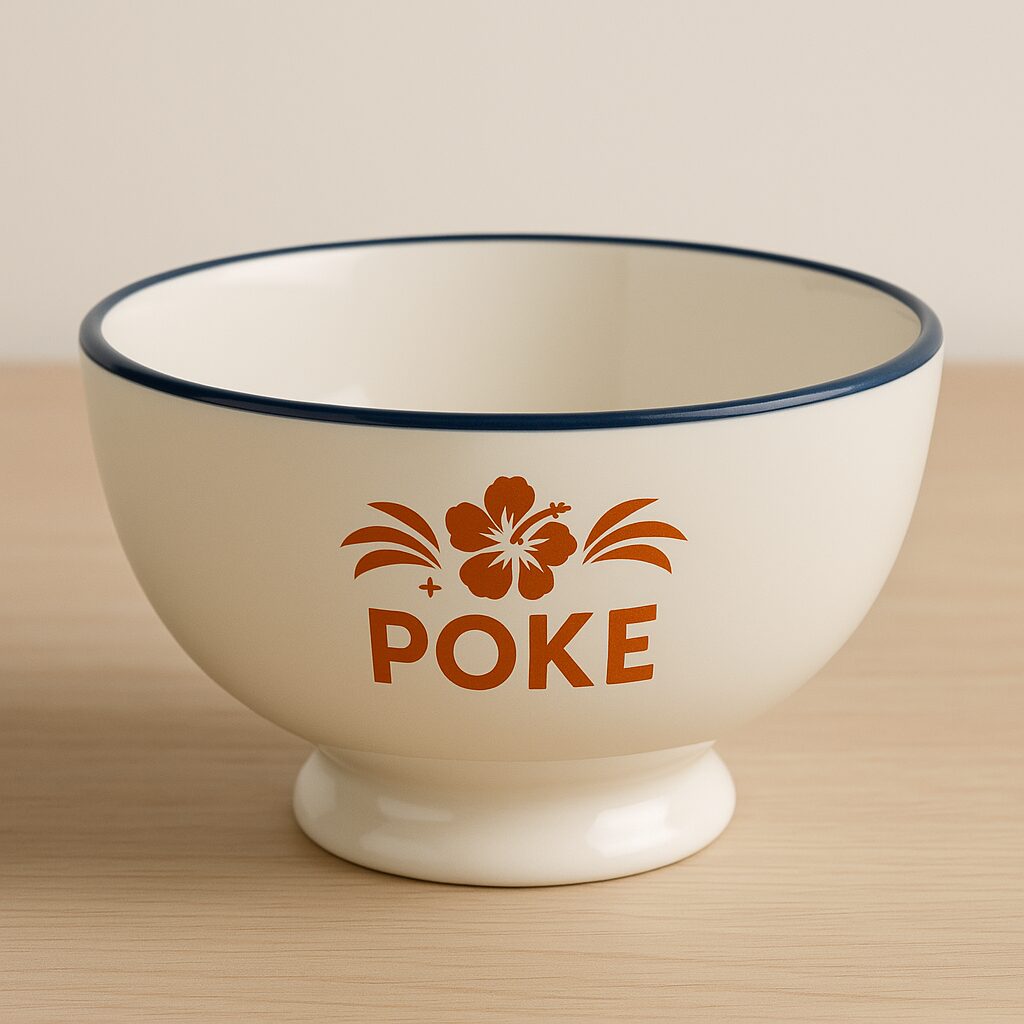 Close-up of a custom ceramic poke bowl with blue rim and hibiscus logo on a light wooden surface.