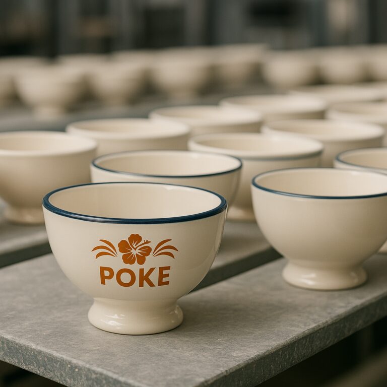 Custom ceramic poke bowls with blue rim and hibiscus logo, arranged on a factory shelf