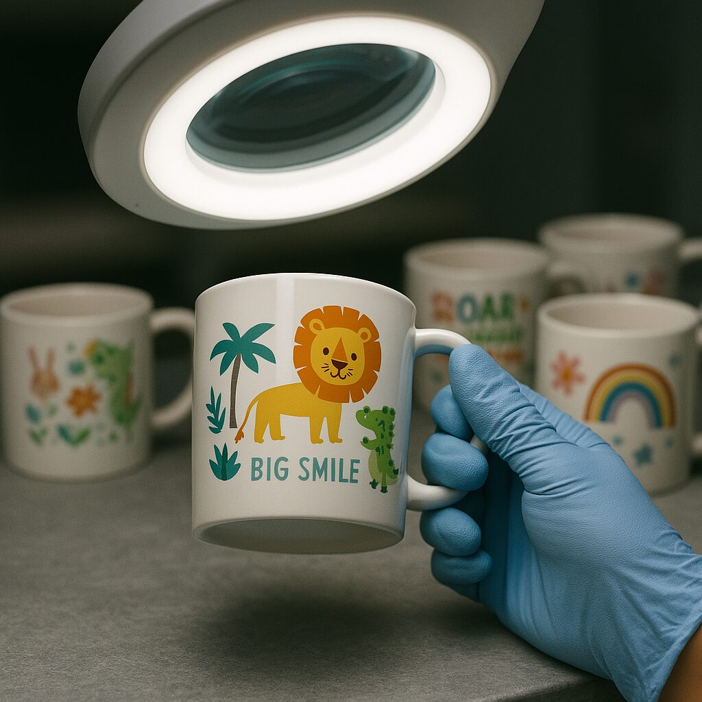 Quality inspection of a children's ceramic mug with “BIG SMILE” savanna-themed design.