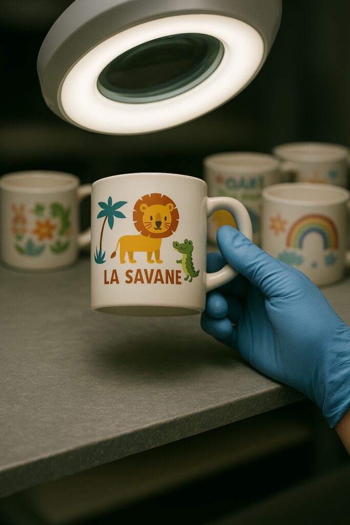 Contrôle qualité d’un mug enfant avec illustration savane sous lampe d’inspection en atelier.