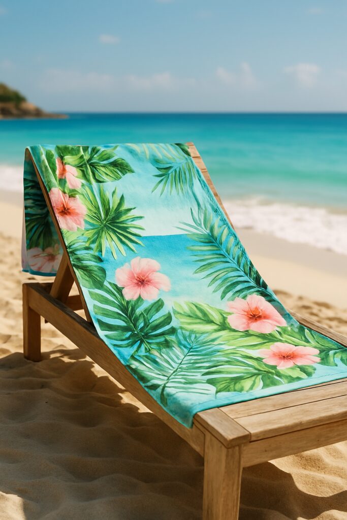 Custom sublimated towel on sand in a tropical beach setting