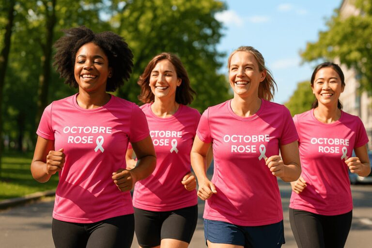 Course Octobre Rose avec des participantes en t-shirts personnalisés – Pink October charity run with participants wearing custom shirts