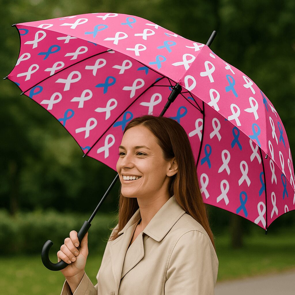 Parapluie rose personnalisé pour une opération Octobre Rose – Custom pink umbrella for Pink October event