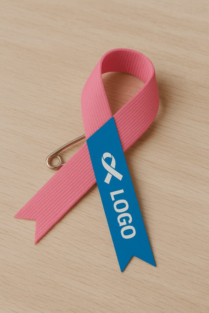 Ruban de cause rose avec marquage sponsorisé – Pink awareness ribbon with sponsor print