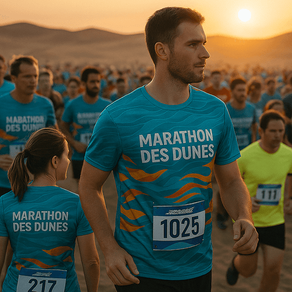 Participants au Marathon des Dunes portant des tee-shirts personnalisés au lever du soleil