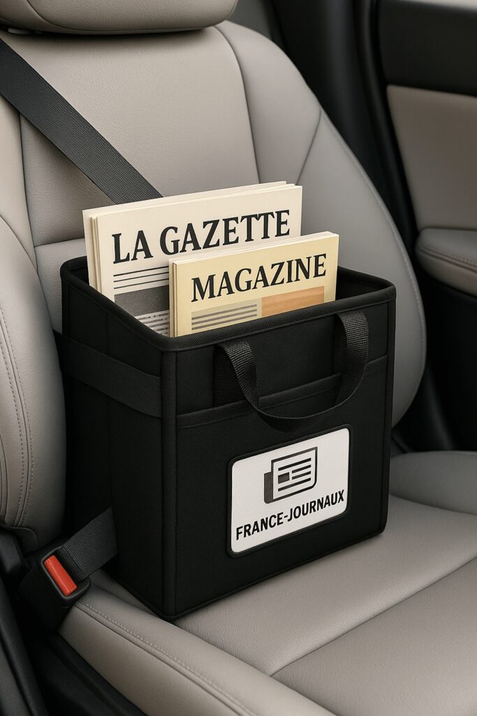 Organisateur de journaux France-Journaux fixé sur le siège passager avec ceinture de sécurité