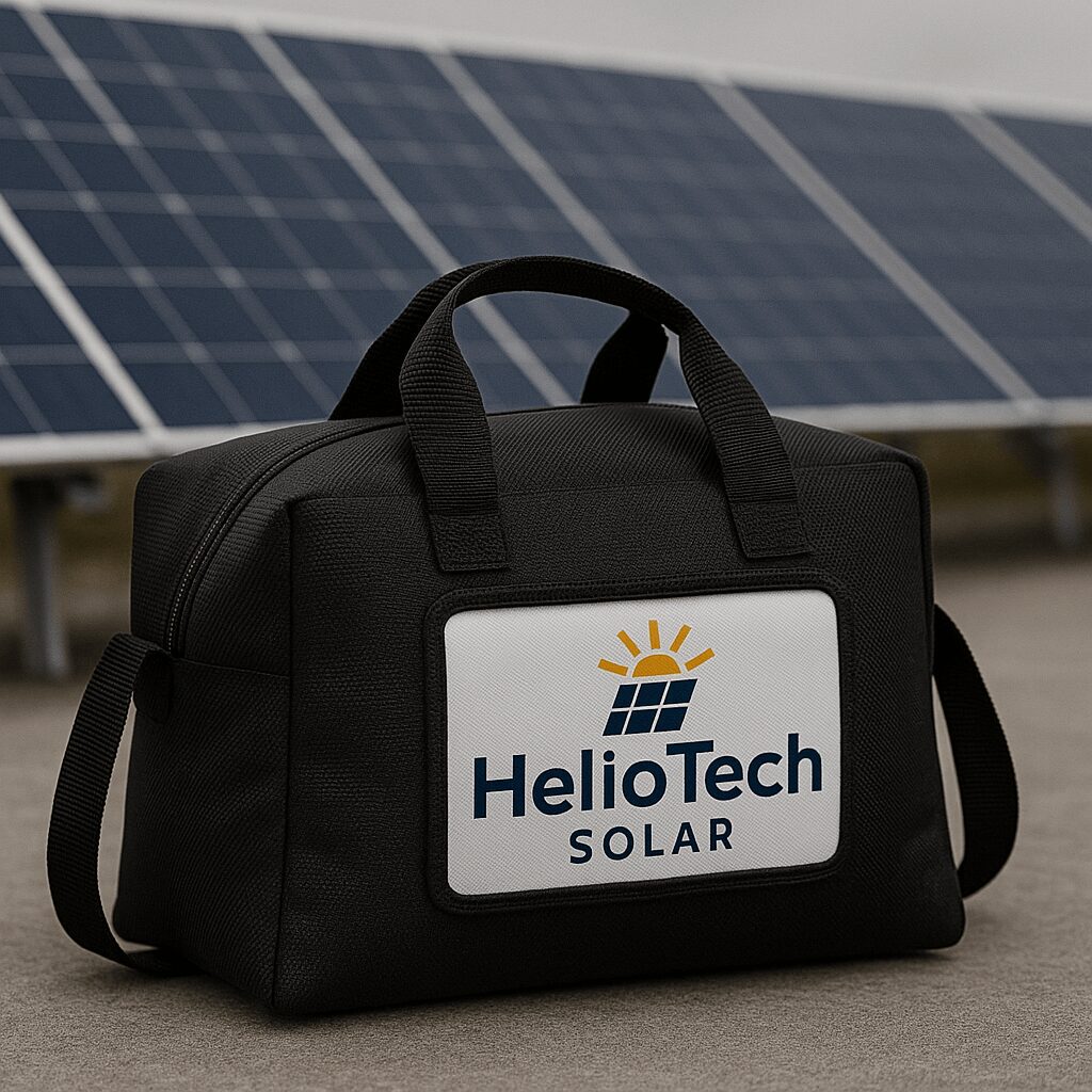 Sac de lestage HelioTech Solar en polyester noir avec poignées, utilisé pour stabiliser des panneaux solaires
