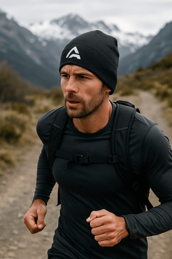 Custom sports beanie worn by a runner – Club screen print – Textifab