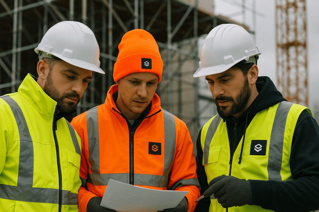 Construction workers wearing fluorescent Pantone custom beanies – Textifab