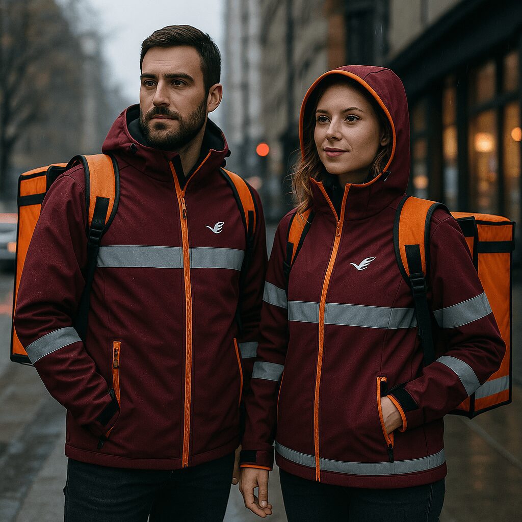 Delivery staff wearing custom professional softshell jackets with reflective strips and extra pockets.