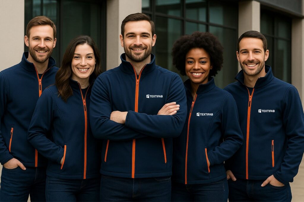Example of Textifab custom softshell jackets with company colors and logo.