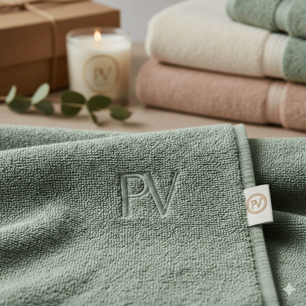 Macro close-up of a pastel towel showing detailed embroidery and a woven care label with hotel logo.