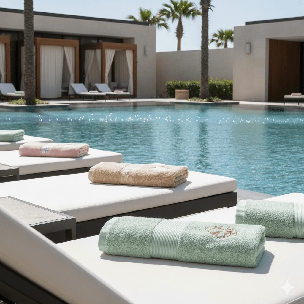 Pastel custom embroidered bath towels on loungers beside a luxury hotel pool with modern architecture and palm trees.