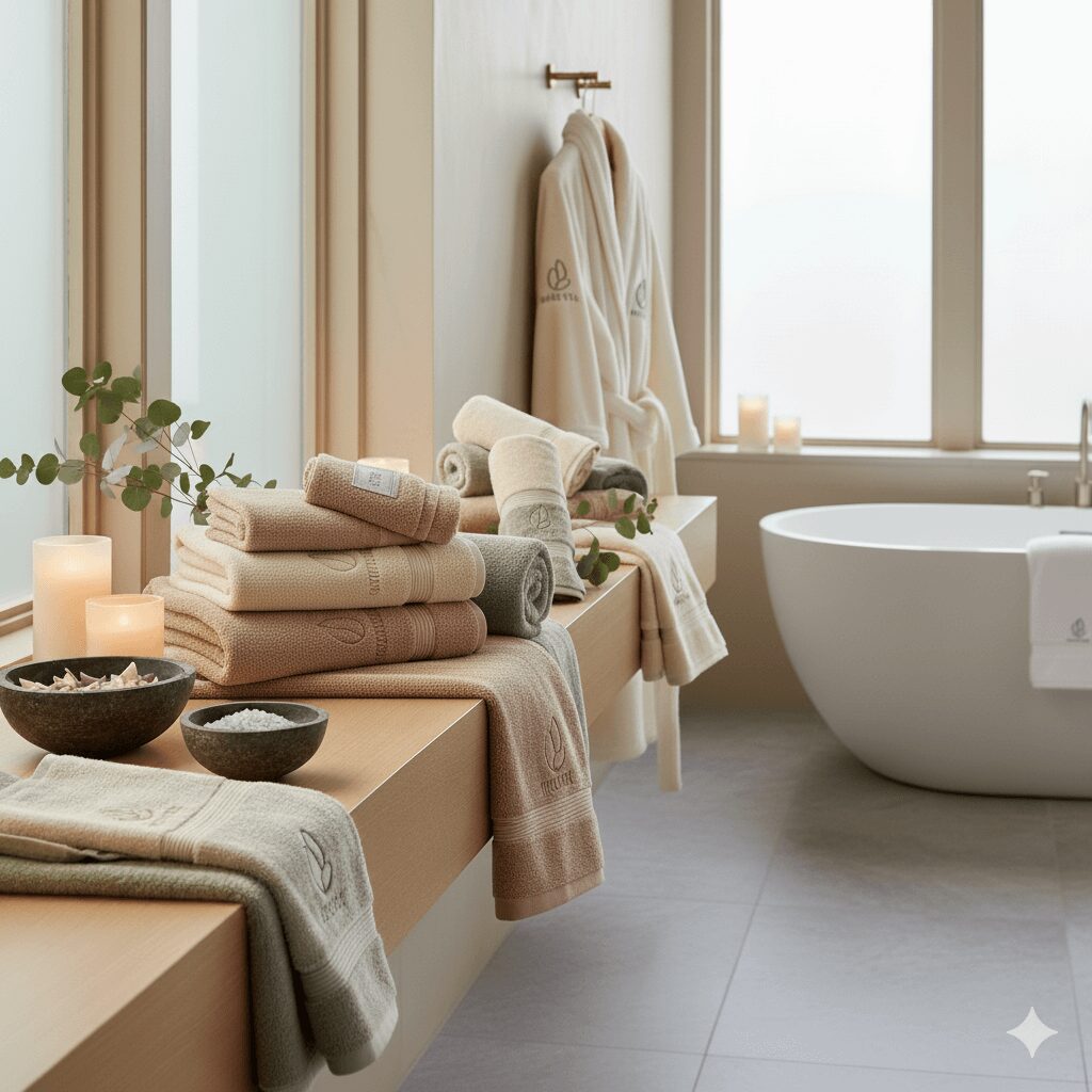 Folded pastel bath towels with custom embroidery and care labels displayed in an elegant spa bathroom interior.