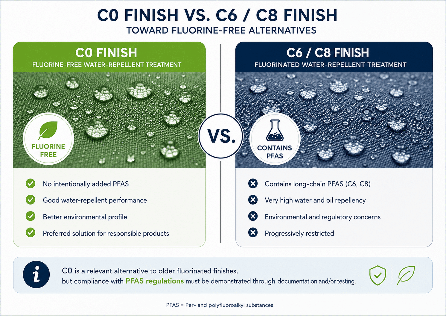 Comparison between fluorine-free C0 treatment and older C6 C8 textile finishes