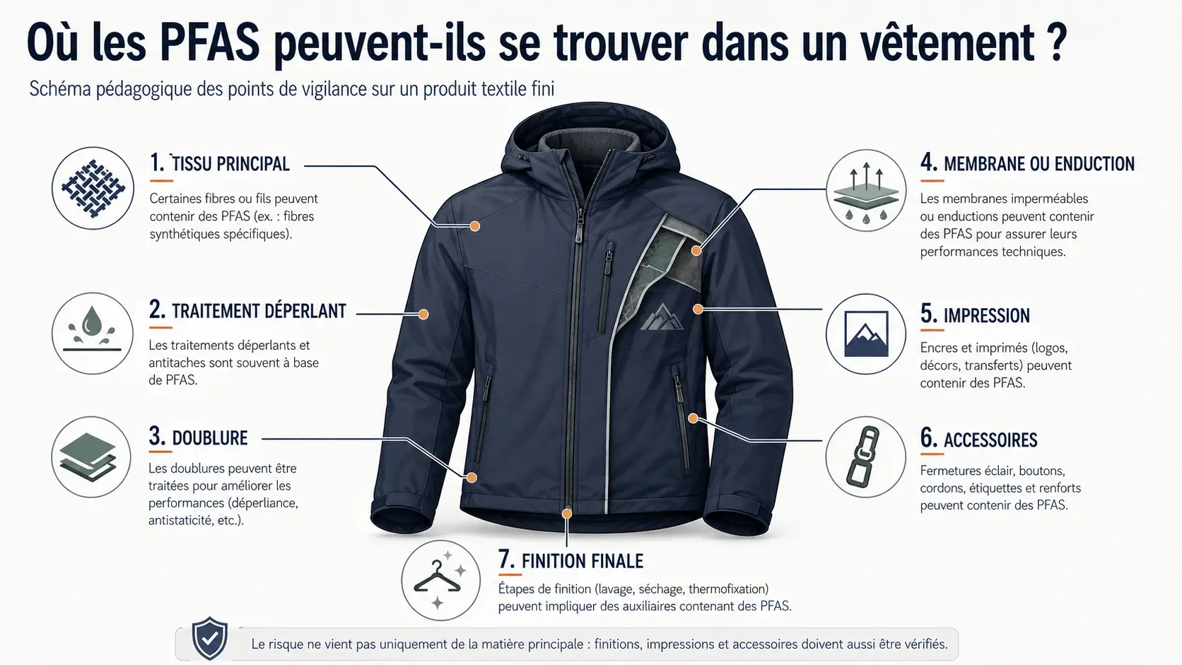 Schéma des zones où les PFAS peuvent se retrouver dans un vêtement textile fini