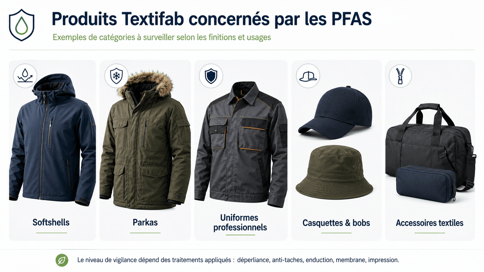 Produits Textifab concernés par les exigences PFAS : softshells, parkas, uniformes et accessoires textiles