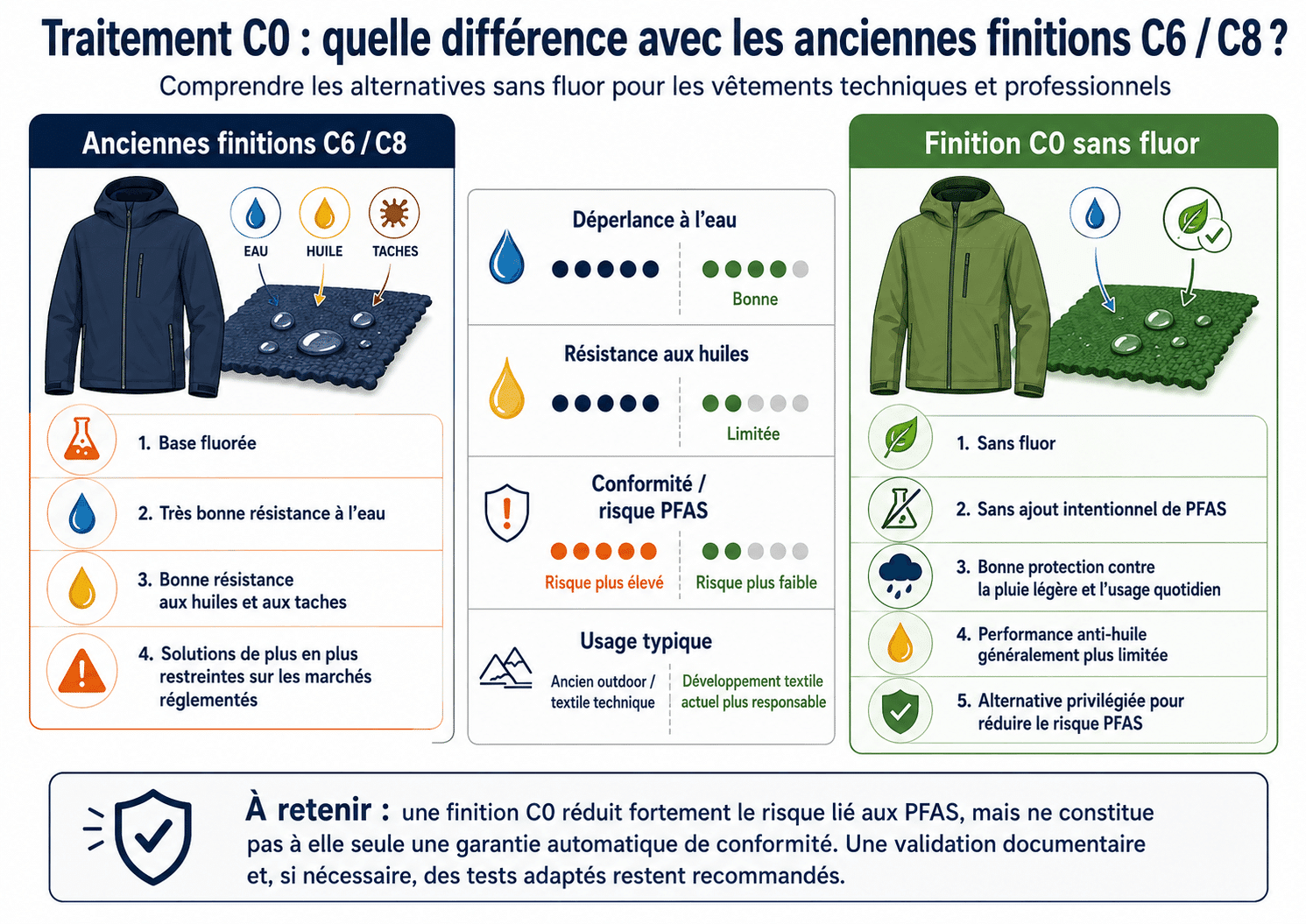 Comparaison entre traitement C0 sans fluor et anciennes finitions textiles C6 C8